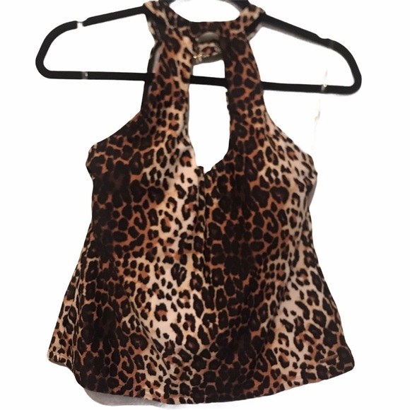 Nine West Leopard Print Collar Neck Swim Top - Picture 1 of 5